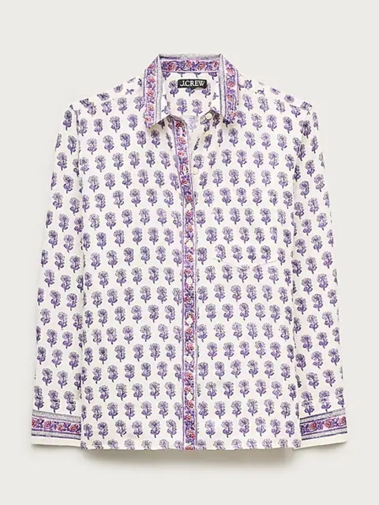 J. Crew Tops - J.Crew Embellished Tropez Shirt Lilac Block Print Ramie Blouse Medium
